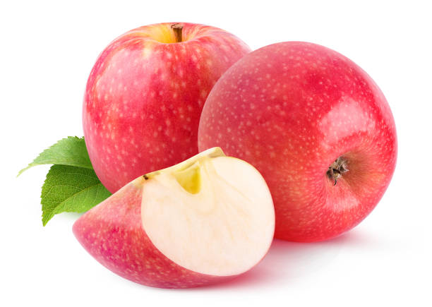Isolated fruits. Two whole pink apples and a slice isolated on white background